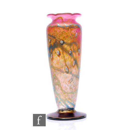 762 - A late 20th Century Okra glass vase, of footed shouldered ovoid form with wavy rim, decorated with m... 