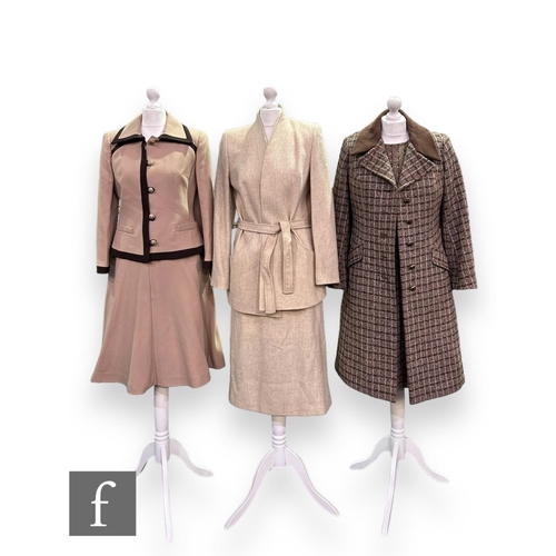 39 - A 1960s Harella tweed coat and dress co-ord, the coat with brown and gold button detail and brown co... 