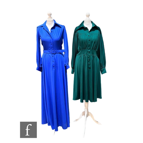 46 - Two 1970s vintage dresses, to include a deep green jersey with balloon sleeves, vertical panel of co... 