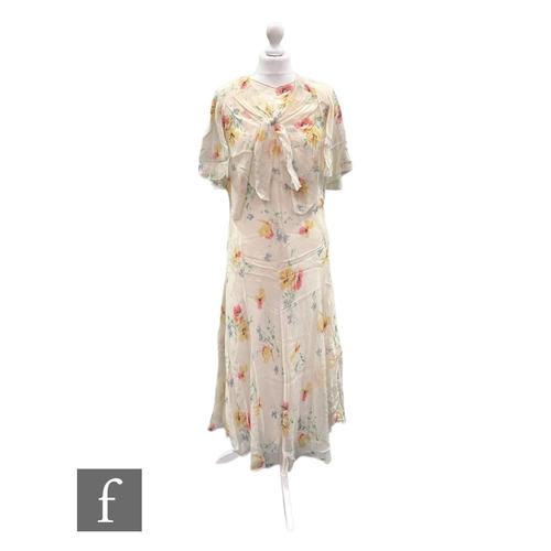 48 - A 1930s vintage sleeveless dress, with bias long skirt in a cream crepe with stylised pink and yello... 