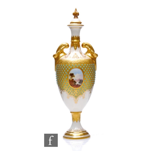 518 - A Coalport porcelain pedestal vase, circa 1900, the ovoid form vase with slender neck and domed cove... 