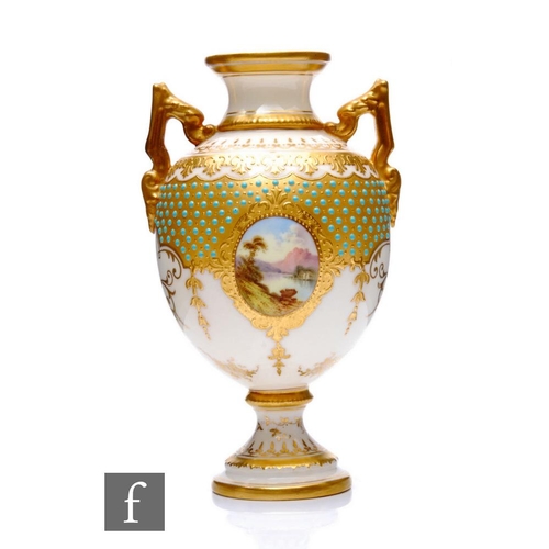 520 - A Coalport porcelain pedestal vase, circa 1900, of rounded form rising from a spreading circular bas... 