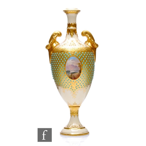 523 - A Coalport porcelain pedestal vase, circa 1900, rising from a spreading circular base, the body flan... 