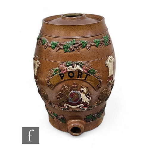 534 - A 19th Century stoneware port barrel, relief moulded with crest and pennant titled PORT, picked out ... 