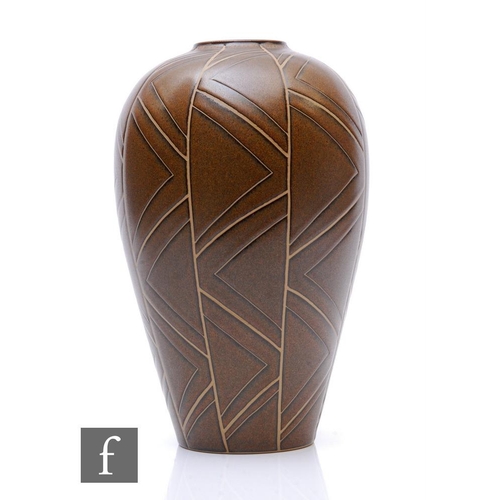 559 - A Denby geometric pattern stoneware vase, of tapered shouldered form, the teadust style ground with ... 