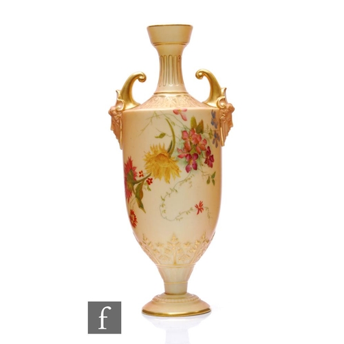 572 - An early 20th Century Royal Worcester porcelain pedestal vase, shape 1759, of footed and shouldered ... 