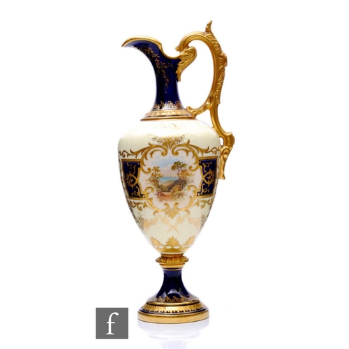 581 - An early 20th Century Coalport porcelain ewer of pedestal form with high drawn spout and arched foli... 