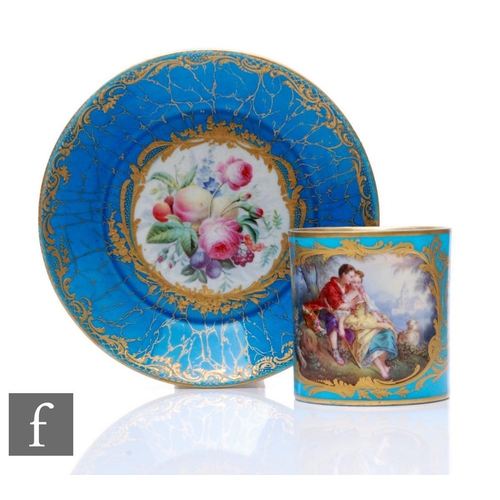 537 - A 19th Century Sevres coffee can and saucer of cylindrical form with ear shaped handle and high rimm... 