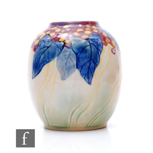 582 - A small 1930s Royal Doulton Art Deco pottery vase of ovoid form, relief moulded with flowers and fol... 