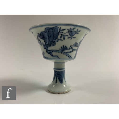 82 - A Chinese blue and white stem cup, Jianqing six-character mark to base, but later, the spreading cir... 