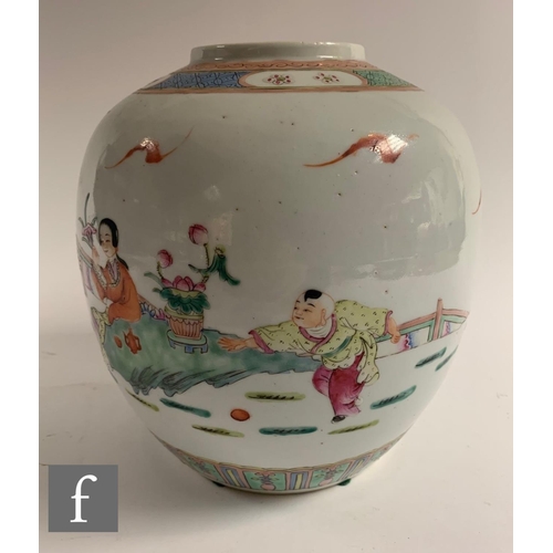 65 - A Chinese late Qing Dynasty famille rose vase, of rounded form painted with figures and children in ... 