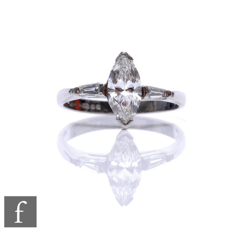 186 - A platinum diamond solitaire ring, marquise claw set stone, weight approximately 0.85ct, colour I/J,... 