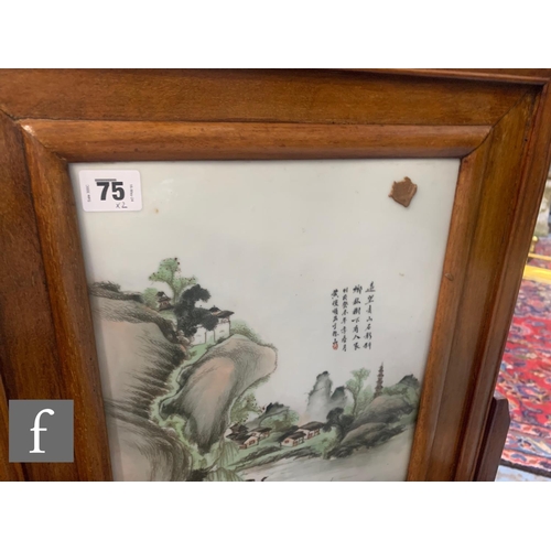 75 - A pair of Chinese late Qing Dynasty/Republic period framed porcelain plaques, each painted in famill... 