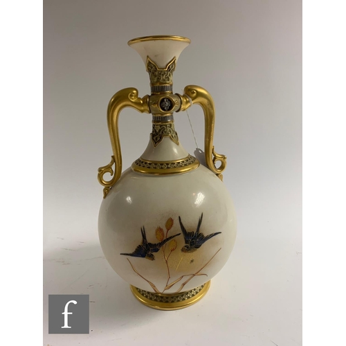 453 - A Royal Worcester twin handled Persian style vase, dated 1883, by Charles Baldwyn, painted with bird... 