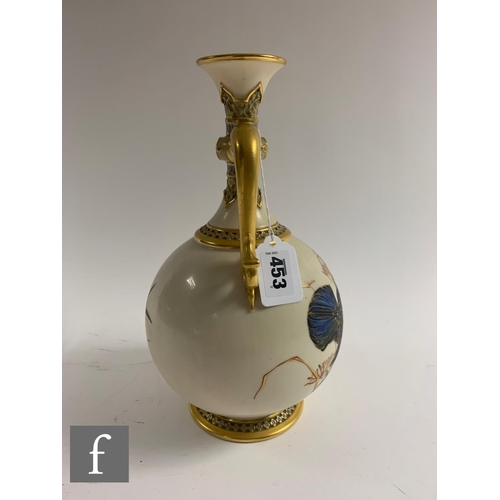 453 - A Royal Worcester twin handled Persian style vase, dated 1883, by Charles Baldwyn, painted with bird... 