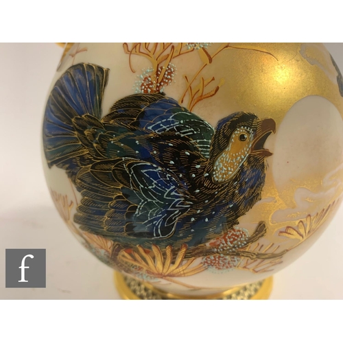 453 - A Royal Worcester twin handled Persian style vase, dated 1883, by Charles Baldwyn, painted with bird... 