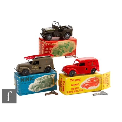 38 - Three Triang Minic clockwork vehicles, Post Office Telephone Van in dull olive green body with decal... 