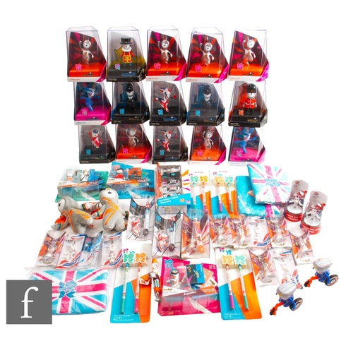 411 - A collection of Olympics 2012 merchandise, to include various Wenlock and Mandeville figures, statio... 