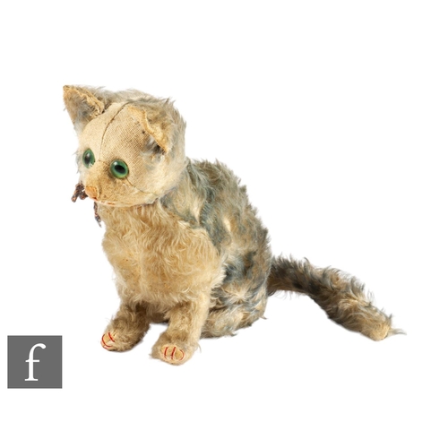 418 - A Steiff Fluffy Cat, grey and white mohair, green plastic eyes, vertically stitched pink nose, butto... 