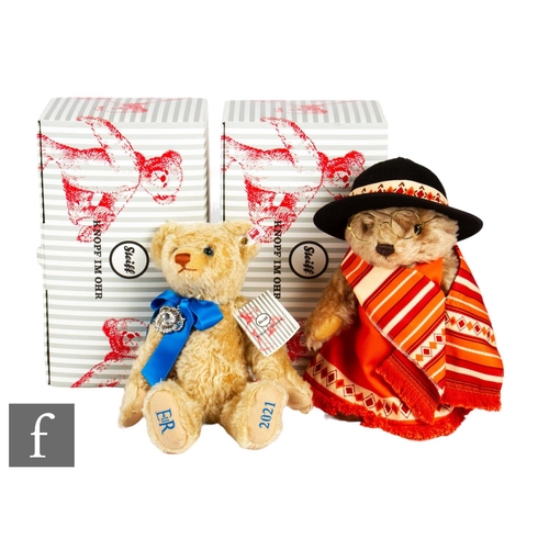 422 - Two Steiff teddy bears, 691010 Paddington Bear's Aunt Lucy, dark beige mohair, wearing hat, glasses ... 