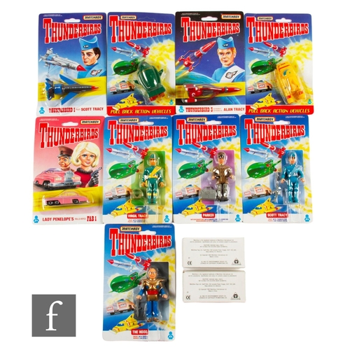 443 - A collection of Matchbox Thunderbirds action figures and vehicles, comprising Scott Tracy, Parker, T... 