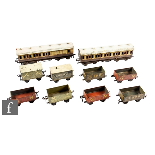 11 - Two O gauge Bing LNWR plum and spilt milk 1921 coaches, a first class corridor coach and a brake/thi... 