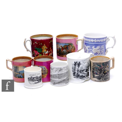 485 - A collection of Prattware and further transfer printed mugs, all of varying styles and designs, heig... 