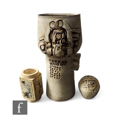 553 - A collection of 1970s stoneware art pottery, to include three vases of varying abstract form, smalle... 