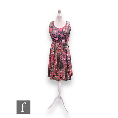 17 - A 1960s vintage sleeveless silk shift dress, with pleated flared skirt and original waist belt, all ... 