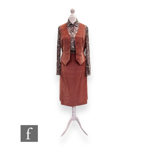 19 - A 1960s/70s corduroy waistcoat and pencil skirt co-ord, all in a peach ground, together with a sheer... 