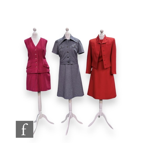 33 - Three 1960s vintage two piece suits, comprising Dereta London hot pink wool waistcoat and pencil ski... 