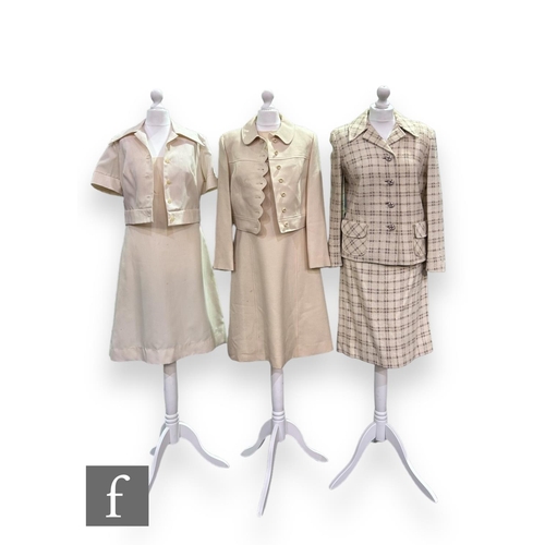 34 - Three 1960s vintage two piece suits, comprising a Maidmoiselle cream polyester mini dress with wide ... 