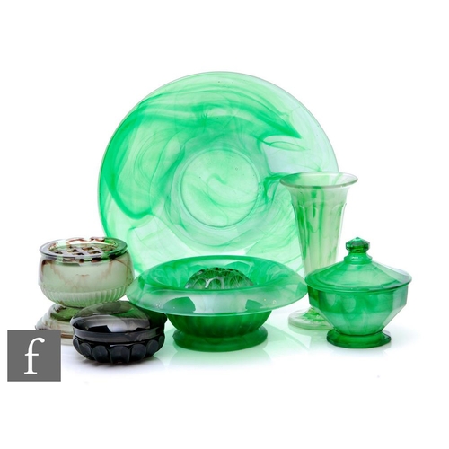 734 - A collection of 1930s Davidsons green Cloud Glass, to include a large flared bowl, a tulip vase, a p... 