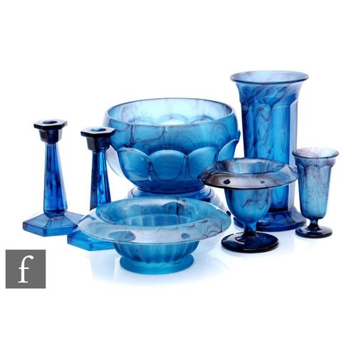 737 - A collection of 1930s Davidsons blue Cloud Glass, to include a large pedestal bowl with flower block... 