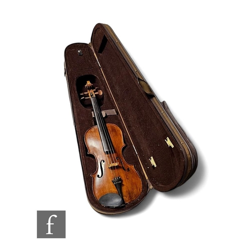 208 - A late 19th to early 20th Century German violin, the reverse stamped HOPF, length 36cm, cased.