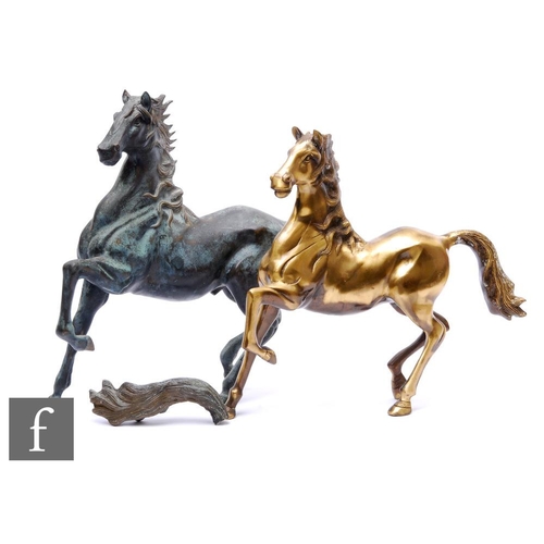 211 - A 20th Century bronze model of a prancing horse, height 41cm, and a similar brass prancing horse, he... 