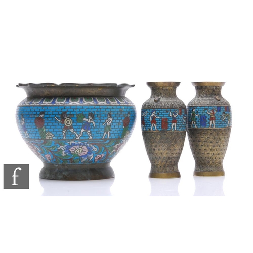 276 - A collection of cloisonne items to include a jardiniere and two baluster vases, each decorated with ... 