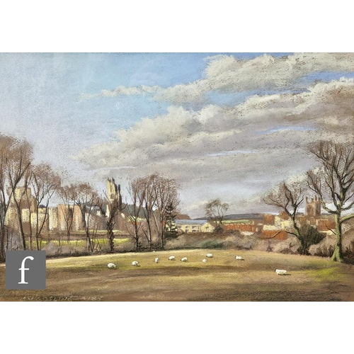 340 - G. V. GOSLING (CONTEMPORARY) - Sheep in a field with view of a village beyond, pastel drawing, signe... 