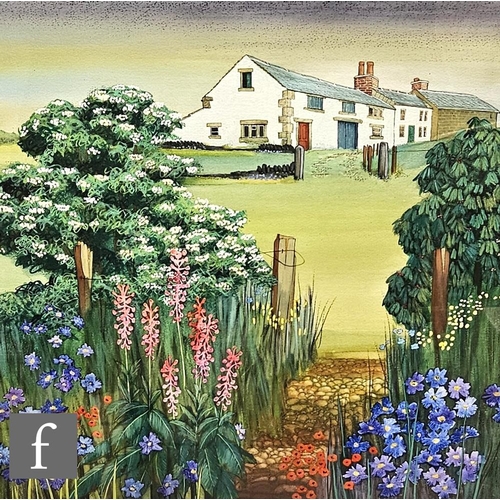 344 - DAVID ELLIS (CONTEMPORARY) - Cottages in a sunlit landscape, watercolour, bears label verso, framed,... 