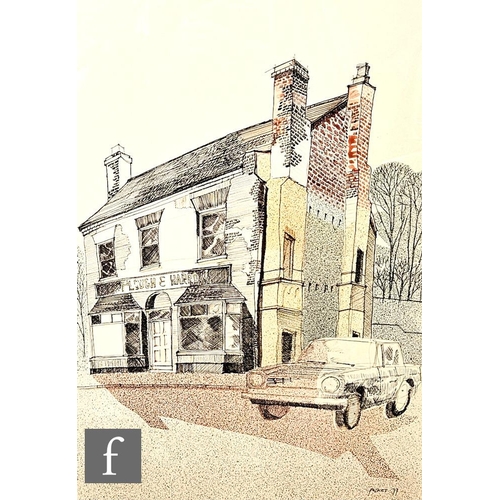 350 - DAVID FOLKES (LATE 20TH CENTURY) - 'Queen's Head Inn, Dover - demolished January 1975', ink drawing,... 