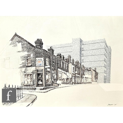 350 - DAVID FOLKES (LATE 20TH CENTURY) - 'Queen's Head Inn, Dover - demolished January 1975', ink drawing,... 