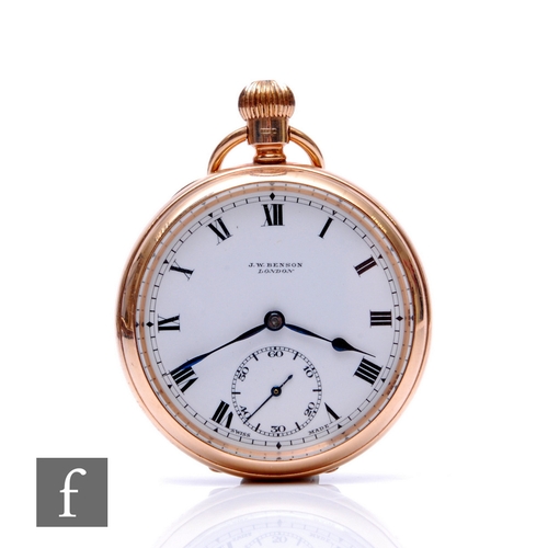 195 - A 9ct hallmarked open faced crown wind pocket watch with Roman numerals to a white enamelled dial, c... 