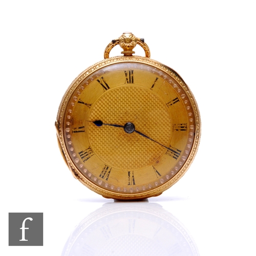 198 - An 18ct key wind open faced pocket watch, Roman numerals to a gilt dial, case diameter 40mm, gold du... 