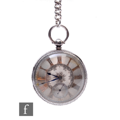 200 - A hallmarked silver key wind open faced pocket watch, gilt Roman numerals to a silvered dial, case d... 