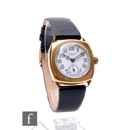 201 - A 9ct J.W Benson wrist watch, Arabic numerals to a circular dial and cushioned square case, to a bla... 