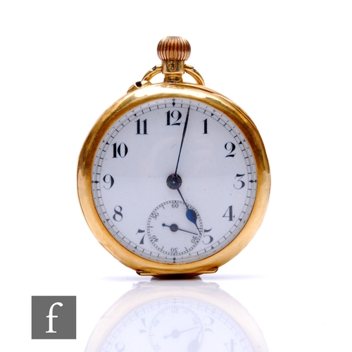 203 - An 18ct hallmarked crown wind fob watch, Arabic numerals to a white enamelled dial, case diameter 32... 