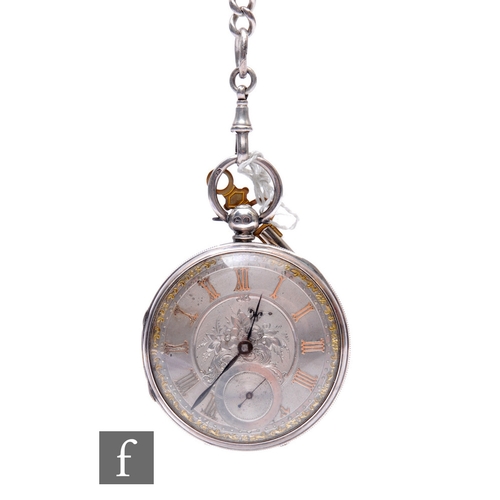 204 - A hallmarked silver key wind open faced pocket watch, gilt Roman numerals to a silvered dial, case d... 