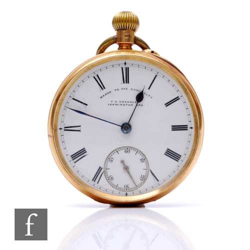 212 - An 18ct hallmarked open faced, crown wind pocket watch, Roman numerals to a white enamelled dial, ca... 