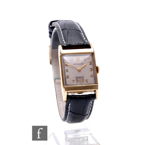 215 - A gold plated Le Coultre manual wind wrist watch, Arabic numerals to a silvered square dial, movemen... 