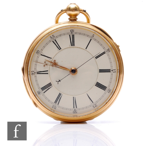 217 - An 18ct hallmarked open faced, chronograph pocket watch, Roman and Arabic numerals to a white enamel... 